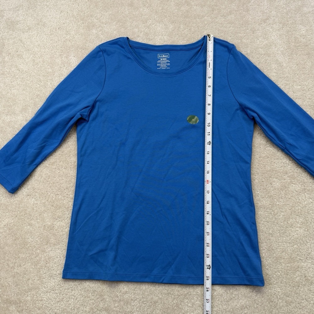 NWOT LL Bean Pima Cotton Shaped Tee Womens M Blue 3/4 Sleeve Jewelneck - Picture 3 of 8